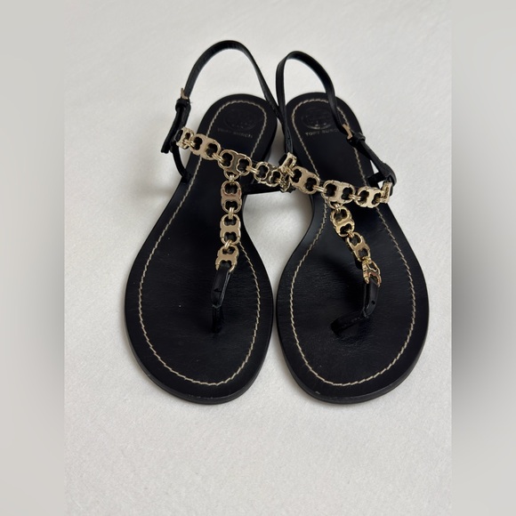 Tory Burch Gemini Black Leather Gold Chain Link Sandals Size 9 Classic Summer - Picture 2 of 9